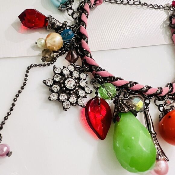 Art Glass Dangle Charm Bracelet Faux Pearl Leather Rhinestone Dangle Green Orang - Picture 6 of 9